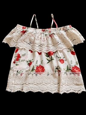 No Boundaries White Floral Smocked Top with Red Blooms